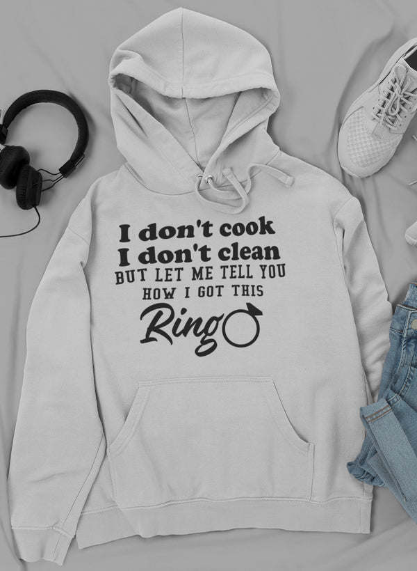 Ash gray hoodie with front text graphic and drawstring hood