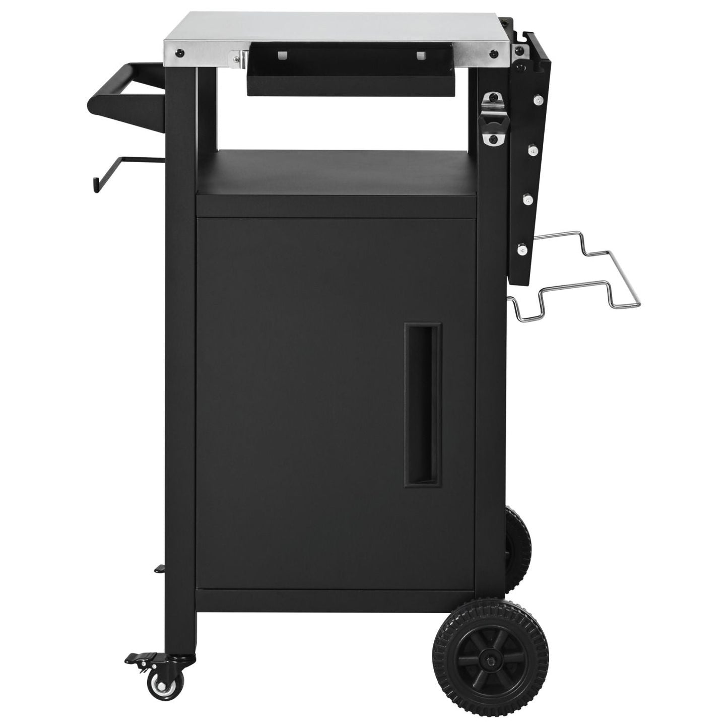 K&K 33.9" Outdoor Grill Cart with Drop Leaf, Outdoor Metal Bar Cart Pizza Oven Table with Wheels, Stainless Steel Top, Outdoor Kitchen Island with Storage Cabinet & Spice & Paper Rack for BBQ, Waterpr