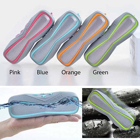 Waterproof Bluetooth speakers set in four neon colors, shown with water-splash use