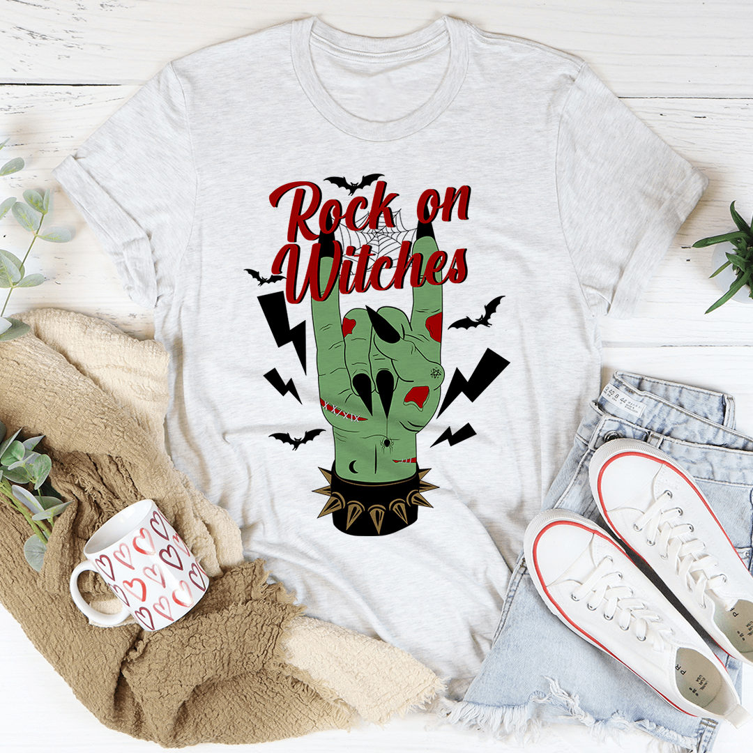 Light heather crewneck graphic T-shirt with witch head and bats print