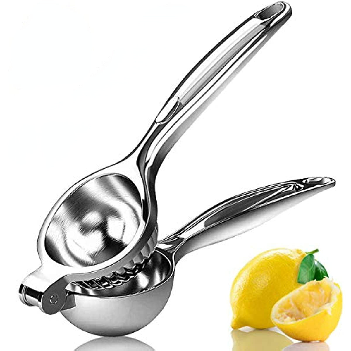 Stainless steel handheld citrus squeezer with ridged press bowl and long handles