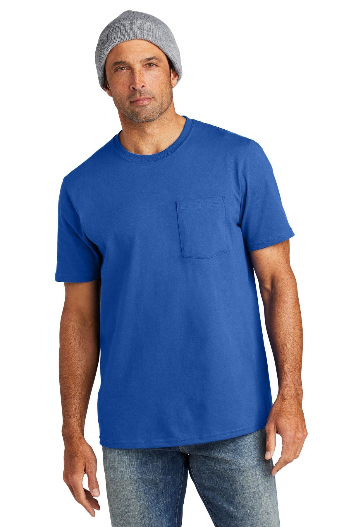 Men's pocket tee in royal blue with crew neck and small chest pocket
