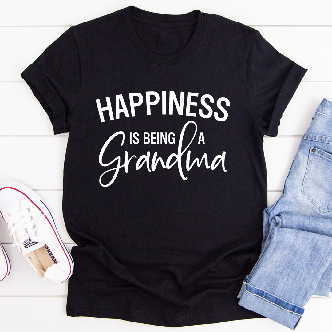 Black crewneck T-shirt with white “Happiness is being a Grandma” typography print.