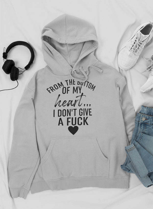 Heather gray pullover hoodie with front graphic text and heart, kangaroo pocket.