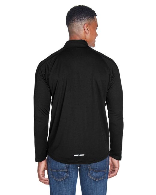 Men's black quarter-zip performance top, back view, long sleeves and stand collar