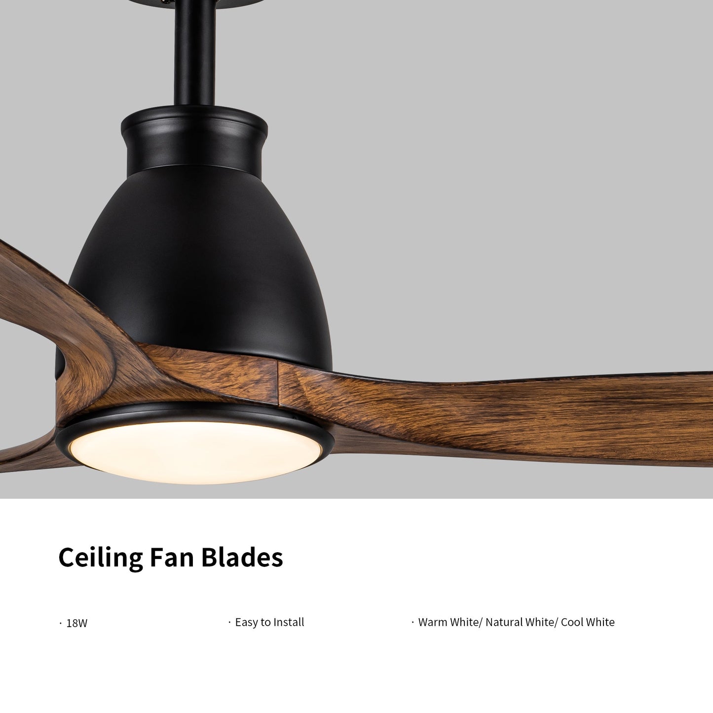 Black ceiling fan with wood blades and integrated round light fixture close-up