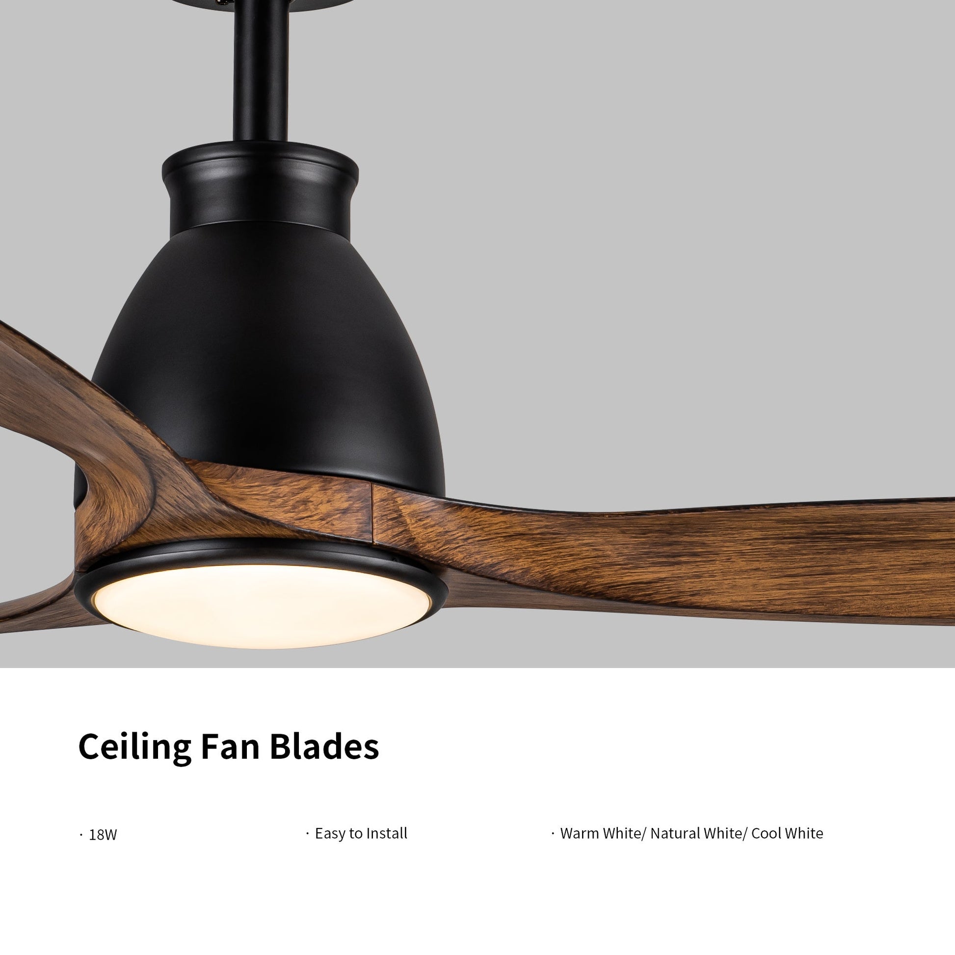 Black ceiling fan with wood blades and integrated round light fixture close-up