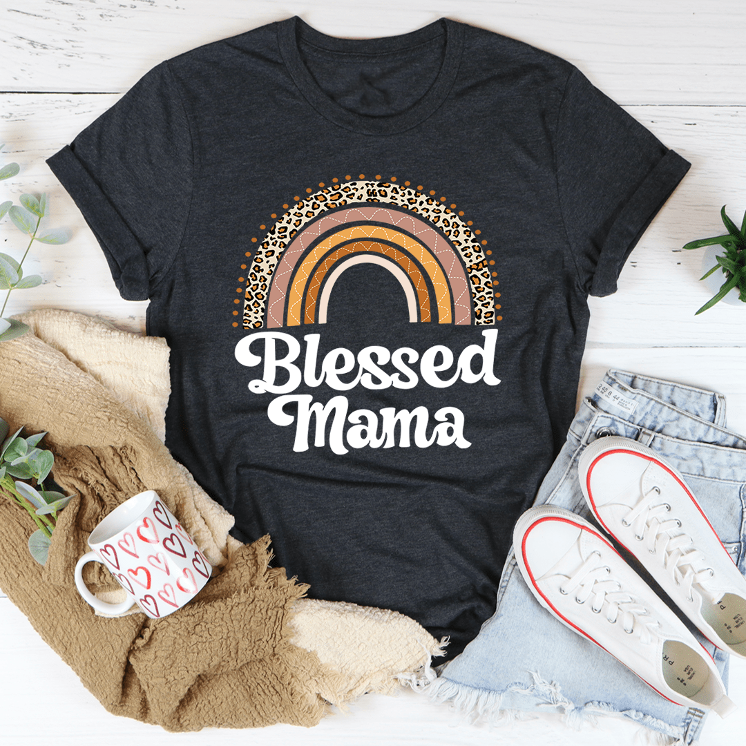 Women’s boho rainbow T-shirt in dark grey with Blessed Mama text and rainbow