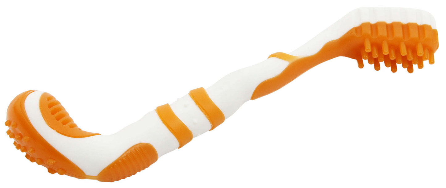 Dog toothbrush and TPR chew toy, orange and white with textured brush head