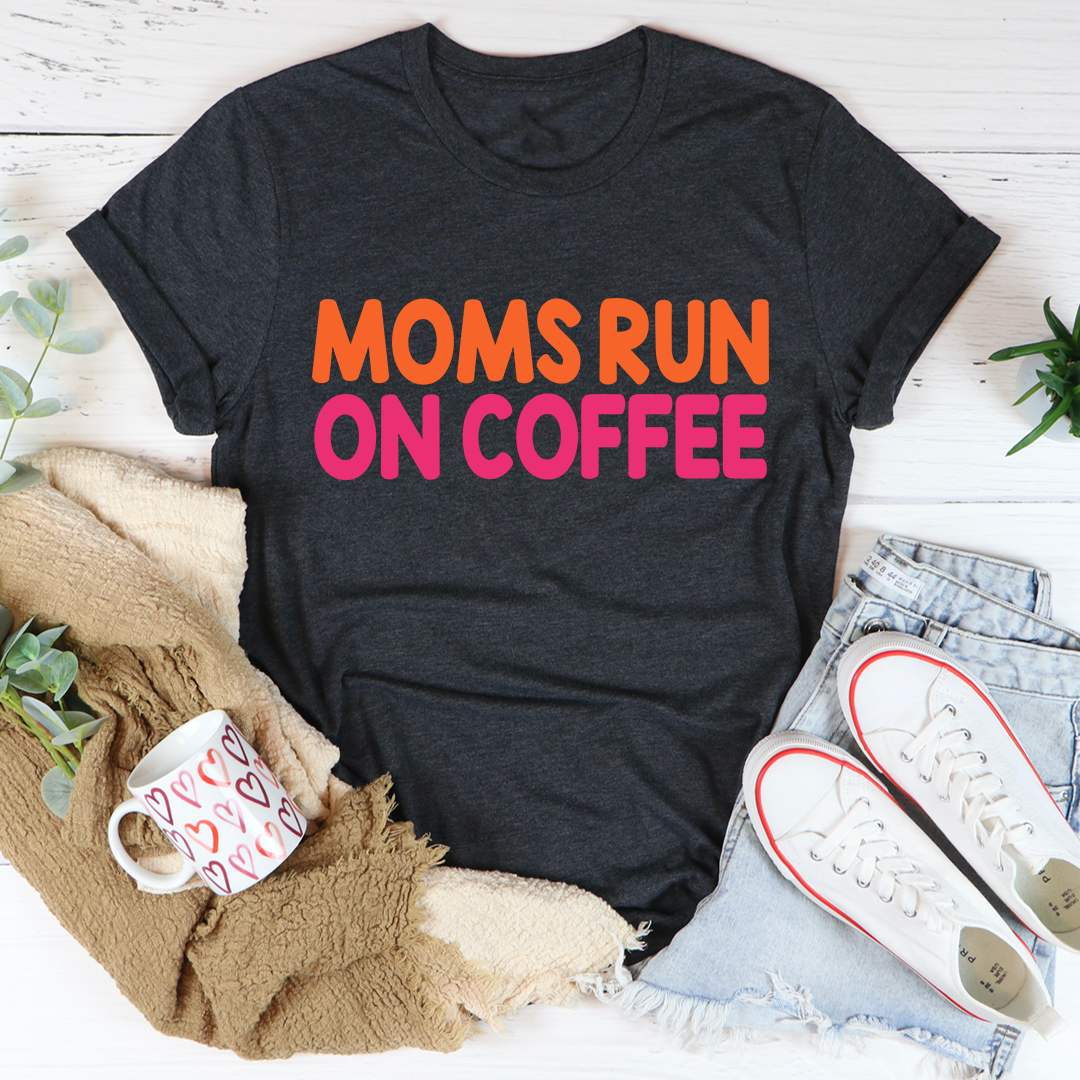 Dark grey heather graphic crewneck T-shirt with 'Moms Run On Coffee' print