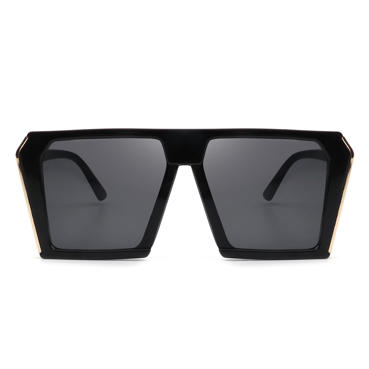 Oversize square sunglasses with black frames and dark gray lenses