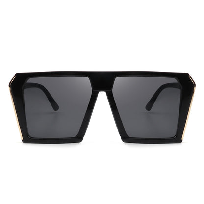 Oversize square sunglasses with black frames and dark gray lenses