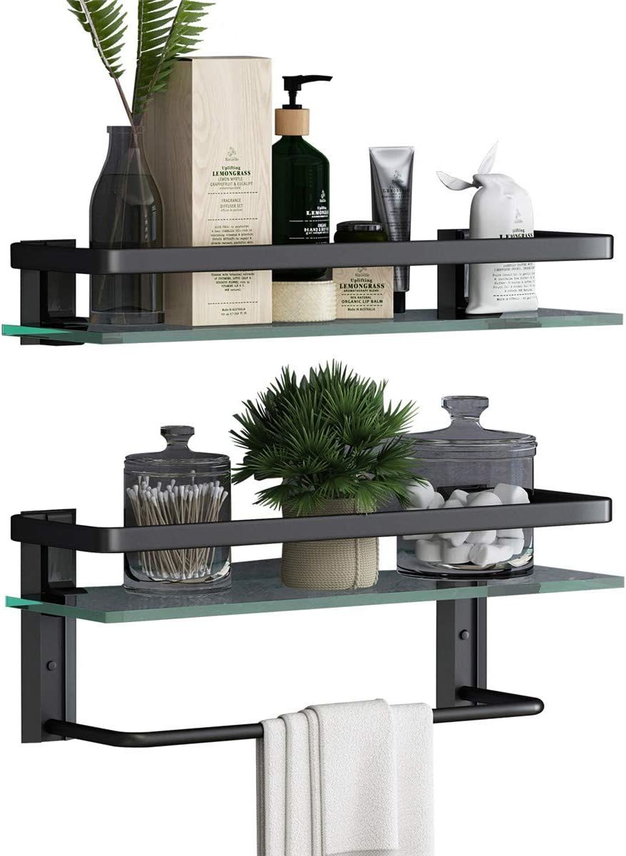 Wall-mounted 2-tier glass bathroom shelf with towel holder, clear glass and black frame