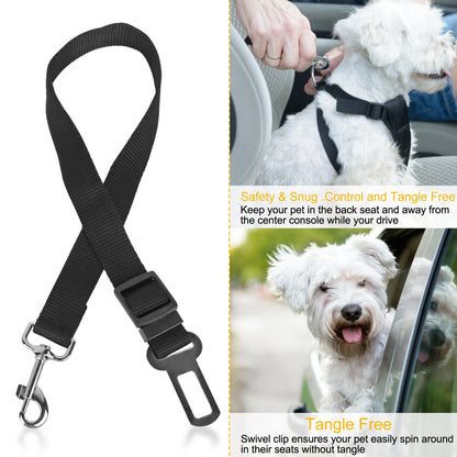 Black pet safety seat belt leash with metal clips and strap for dog harness.