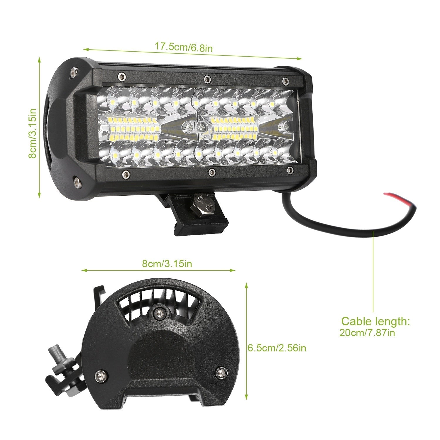 7-inch black LED light bar with 20 cm cable and side mounting bracket