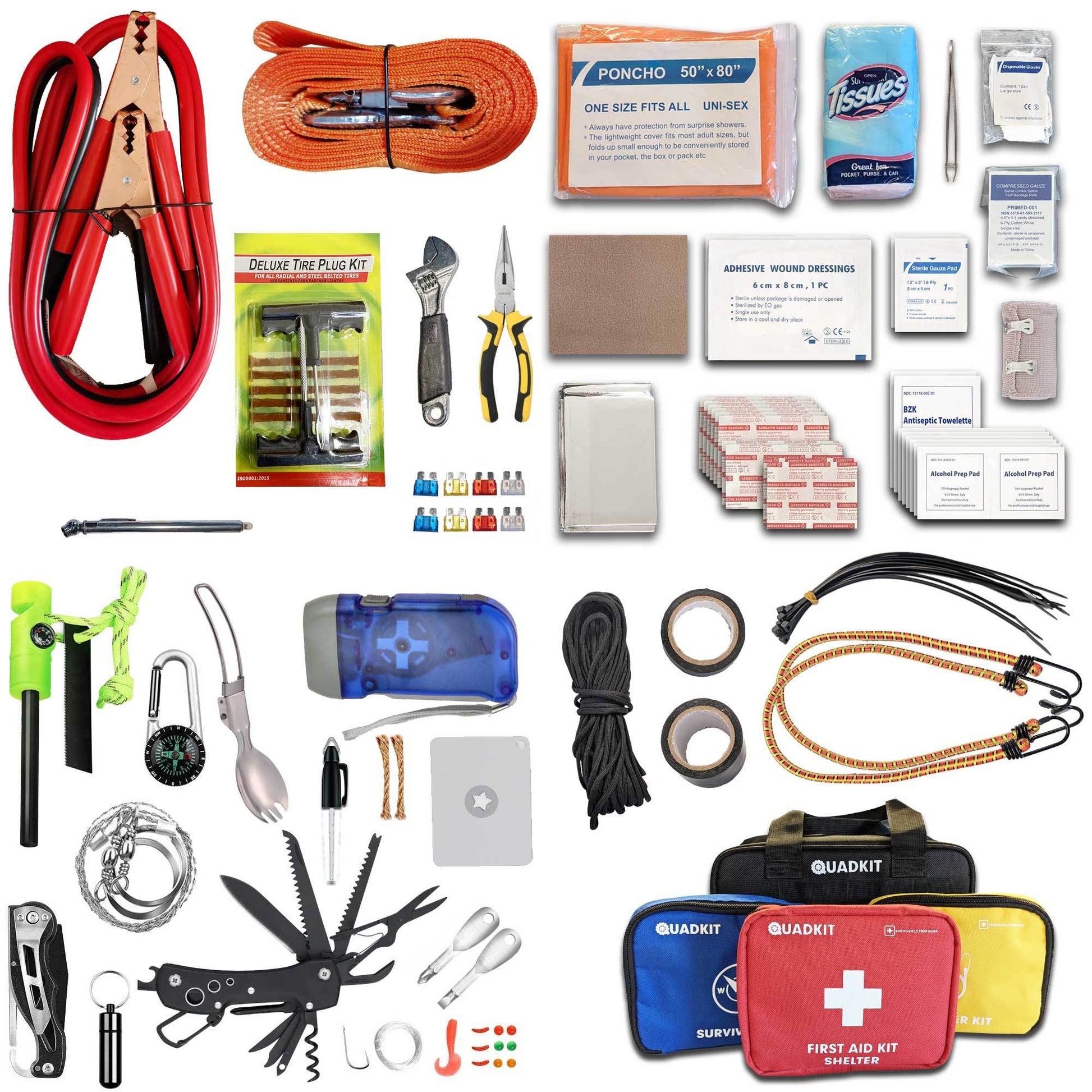 ATV emergency kit with tool pouches, first aid supplies, straps, rope, and fastener items