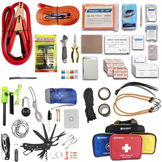 ATV emergency kit with tool pouches, first aid supplies, straps, rope, and fastener items