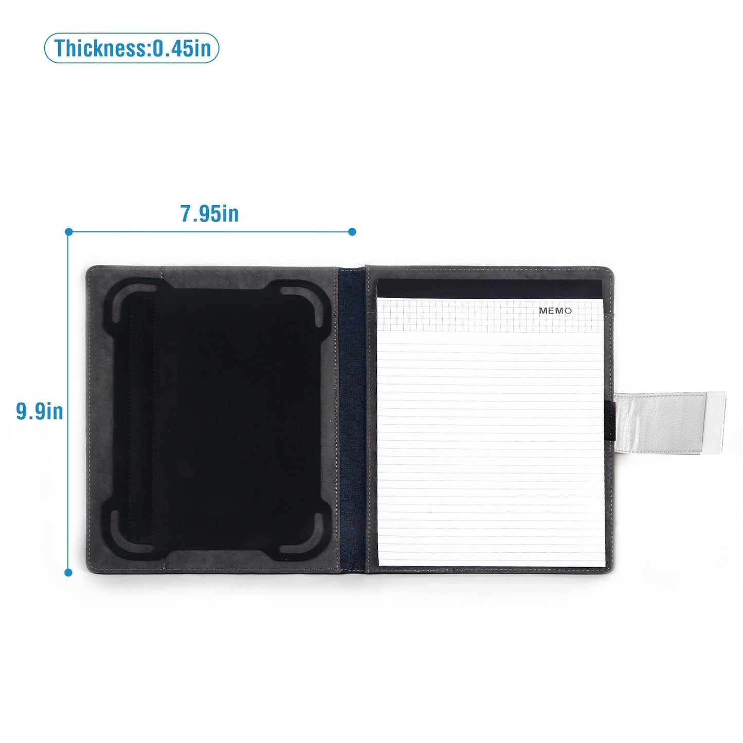 Navy 9.7-inch tablet protector organizer case shown open with memo page.