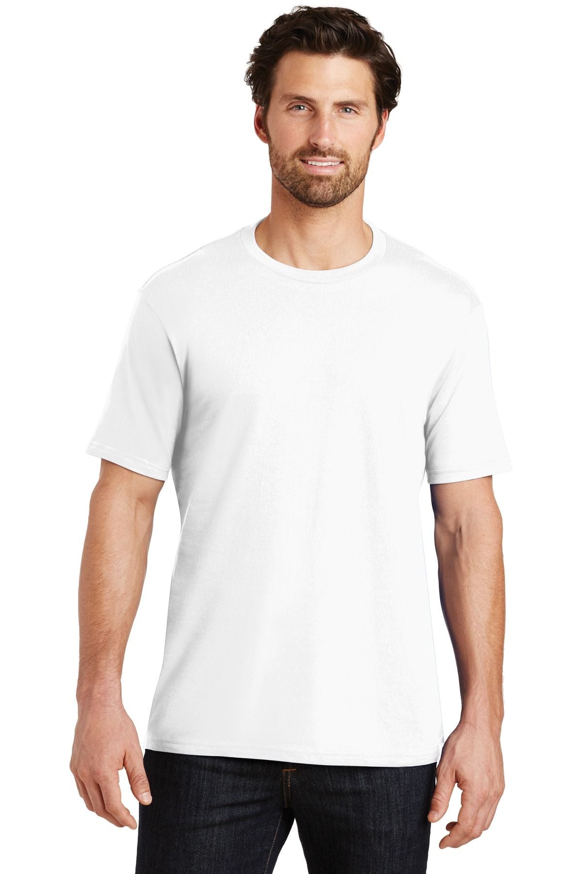 White crew-neck short-sleeve T-shirt with straight hem, cotton jersey