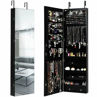 Mirrored jewelry cabinet with lights, open double-door design with earring hooks and shelves
