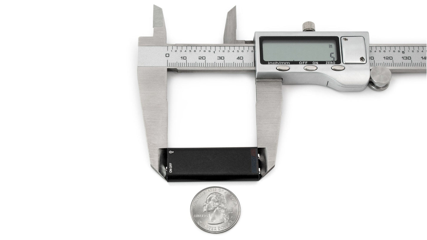 Mini USB audio microphone recorder, black, shown with measuring calipers