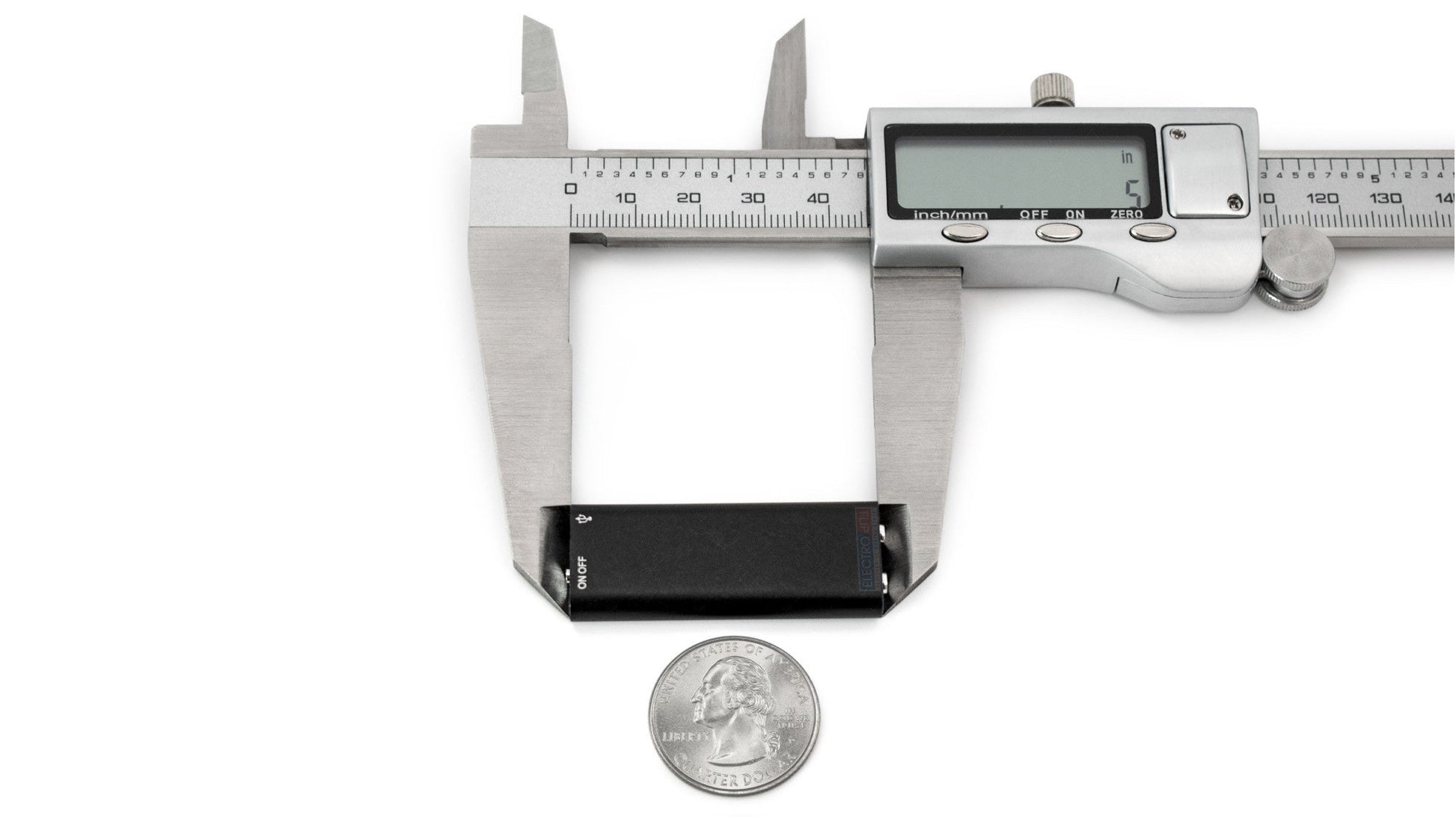 Mini USB audio microphone recorder, black, shown with measuring calipers