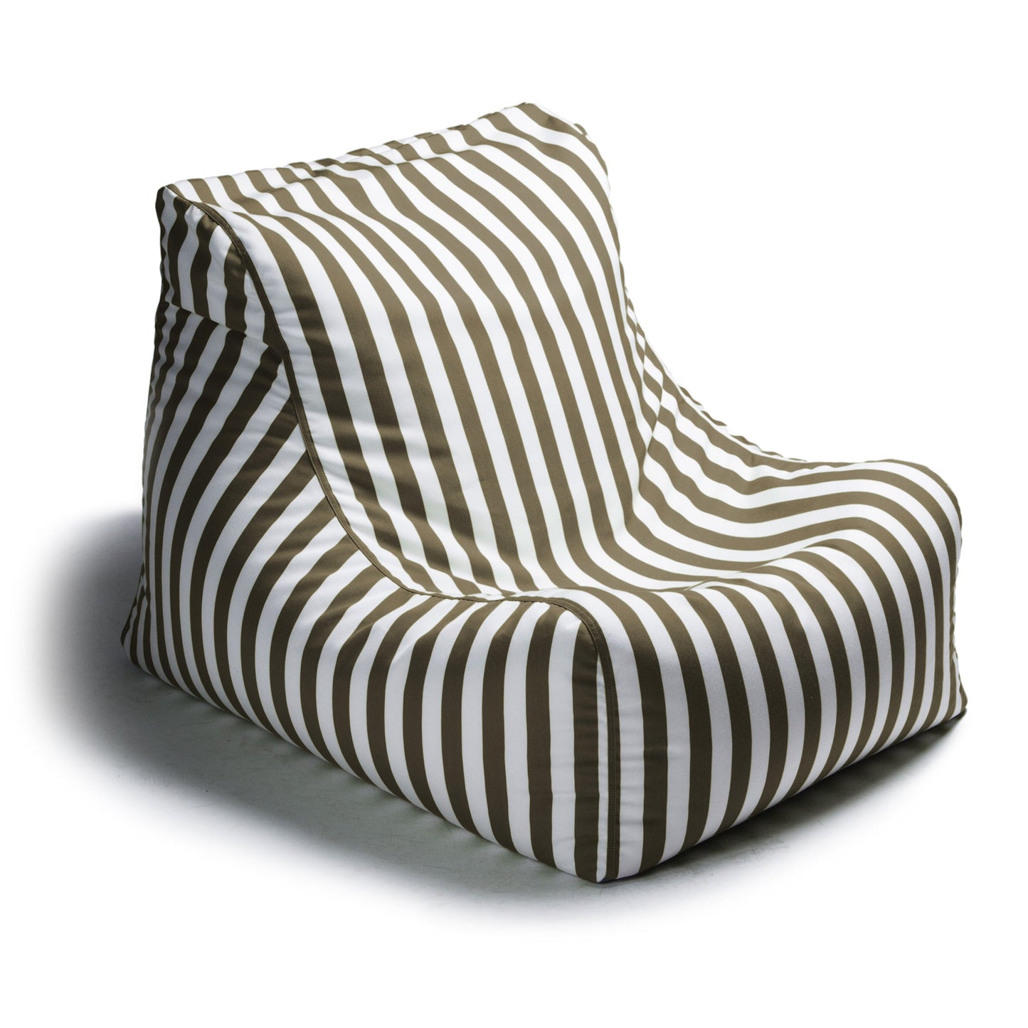 Taupe-and-cream striped outdoor bean bag chair, rounded arms and low back
