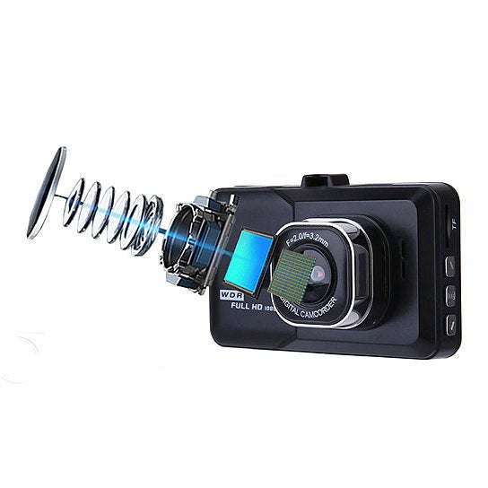 Car dash cam with wide-angle lens and spring-extended mount detail