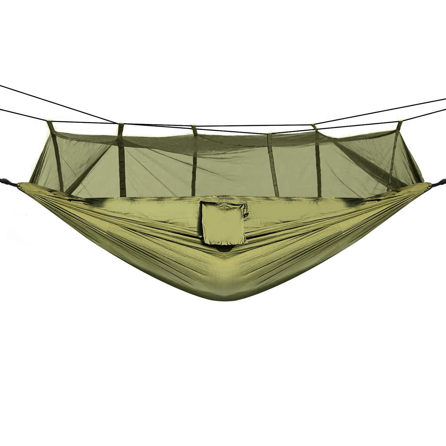 Mosquito-net hammock swing in green nylon with hanging support straps and canopy mesh