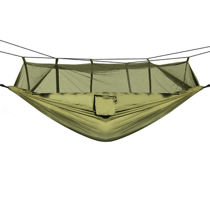 Mosquito-net hammock swing in green nylon with hanging support straps and canopy mesh