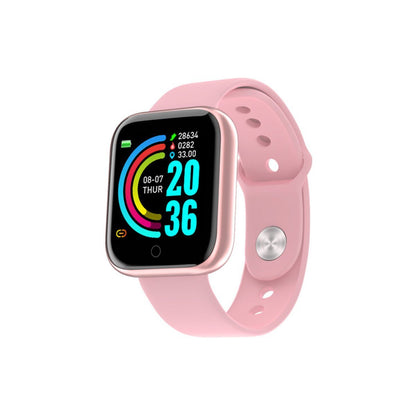 Activa smart watch with pink strap and square screen showing colorful rings.