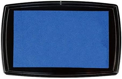 Blue washable ink stamp pad in a black plastic case with ink pad exposed