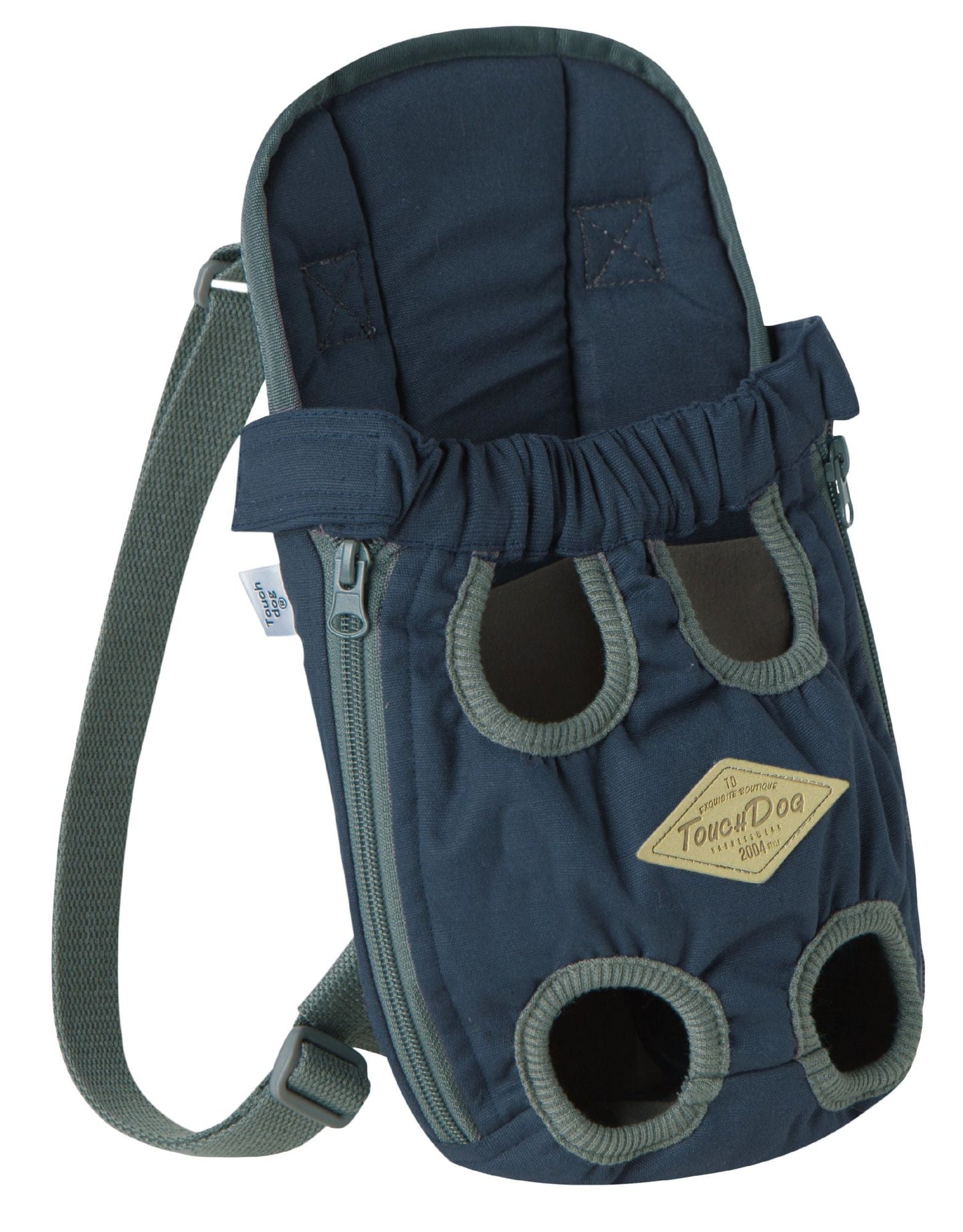 Navy dog backpack carrier with front pouch, mesh window, and adjustable shoulder strap