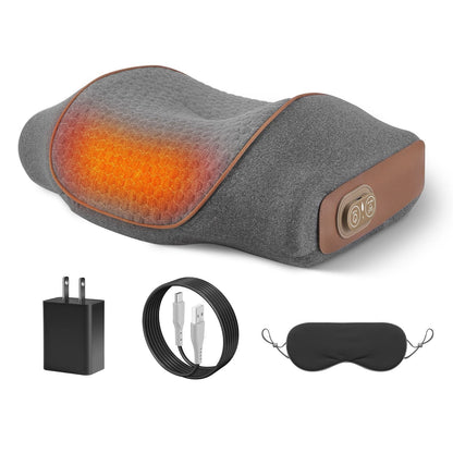 Dark grey neck massager pillow with heat glow; includes cord and adapter