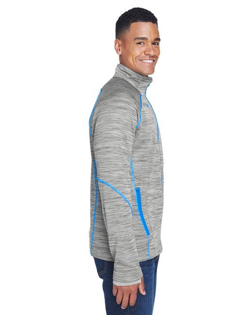 Men's bonded fleece jacket, light gray side view with blue full-zip and piping