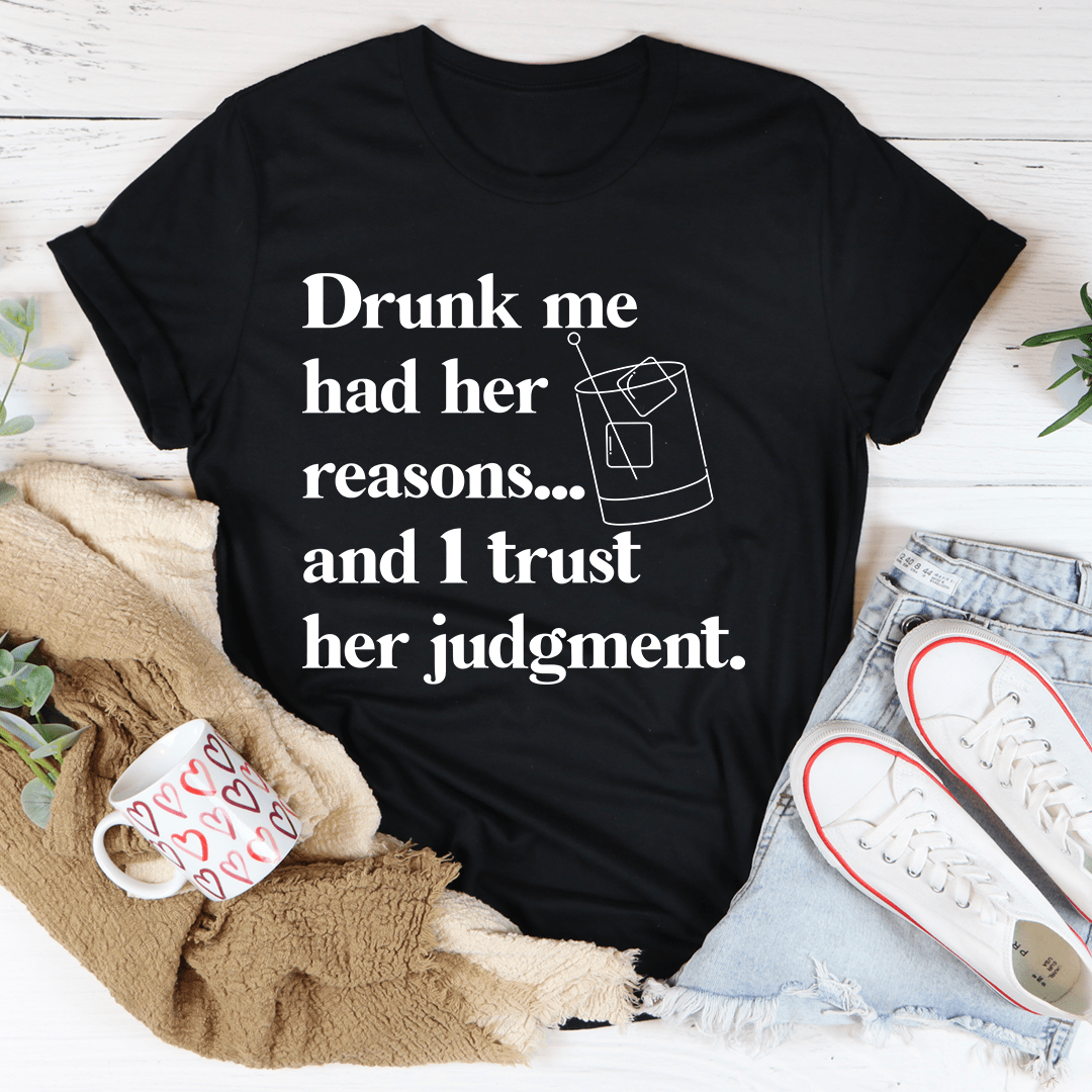 Black crew-neck T-shirt with drink-themed quote graphic on front