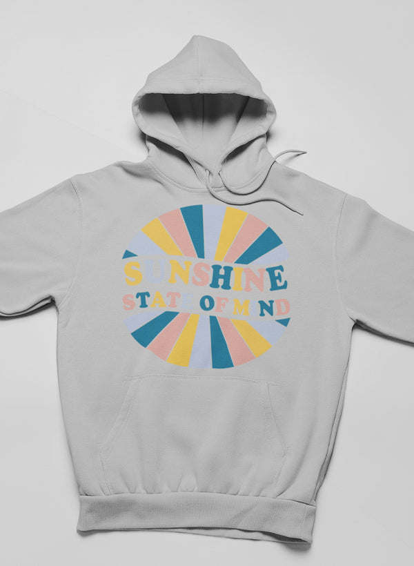 Athletic heather gray hoodie with front kangaroo pocket and multicolor circular graphic