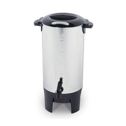 10–50 cup stainless steel coffeemaker with black warming base and spigot