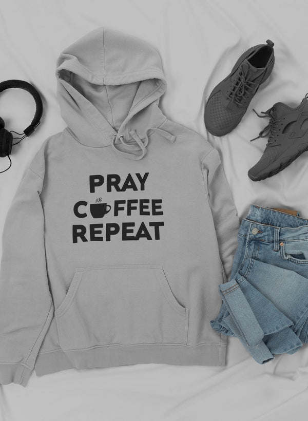 Gray pullover hoodie with front graphic reading "PRAY COFFEE REPEAT"