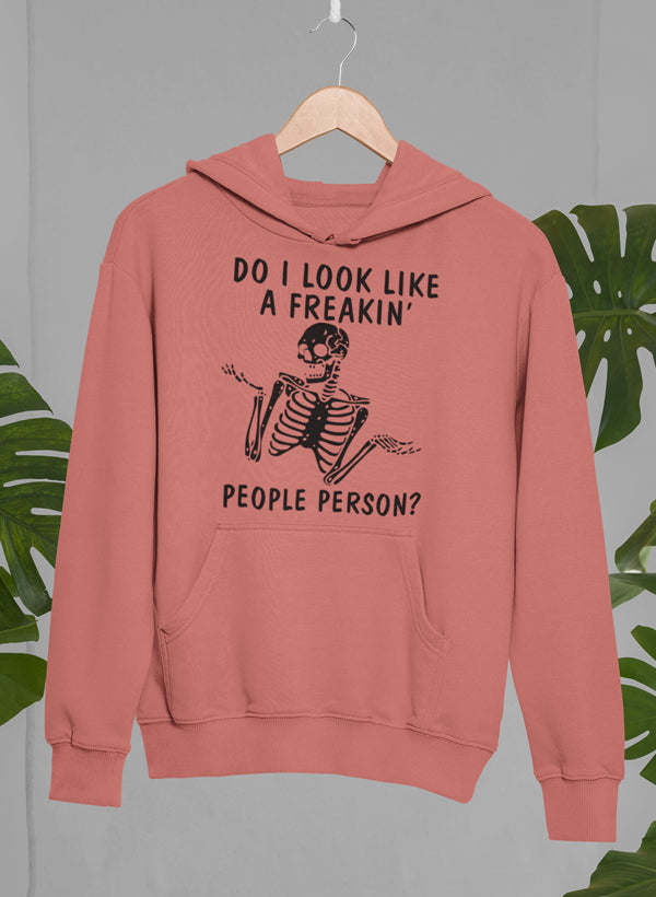 Mauve pullover hoodie with kangaroo pocket and front skull-and-skeleton graphic, “People Person?”