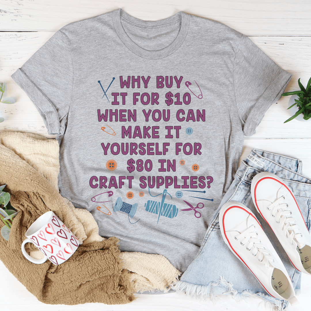 Girls heather gray crewneck t-shirt with colorful craft-themed graphic lettering