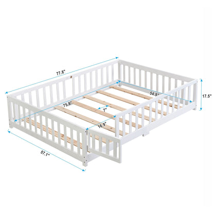 Full Size Floor Bed with Door, Solid Wood Platform Bed Frame with Fence, Suitable for children, Pine Wood
