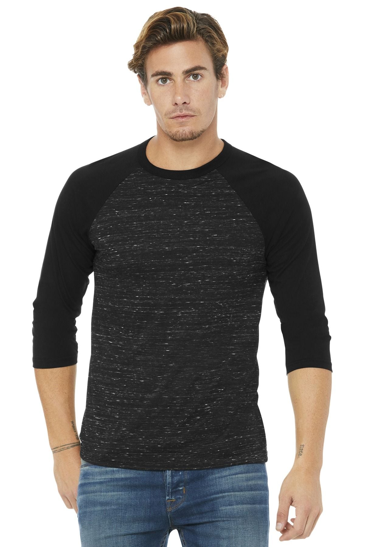 Unisex 3/4-sleeve baseball tee in black heather with raglan sleeves