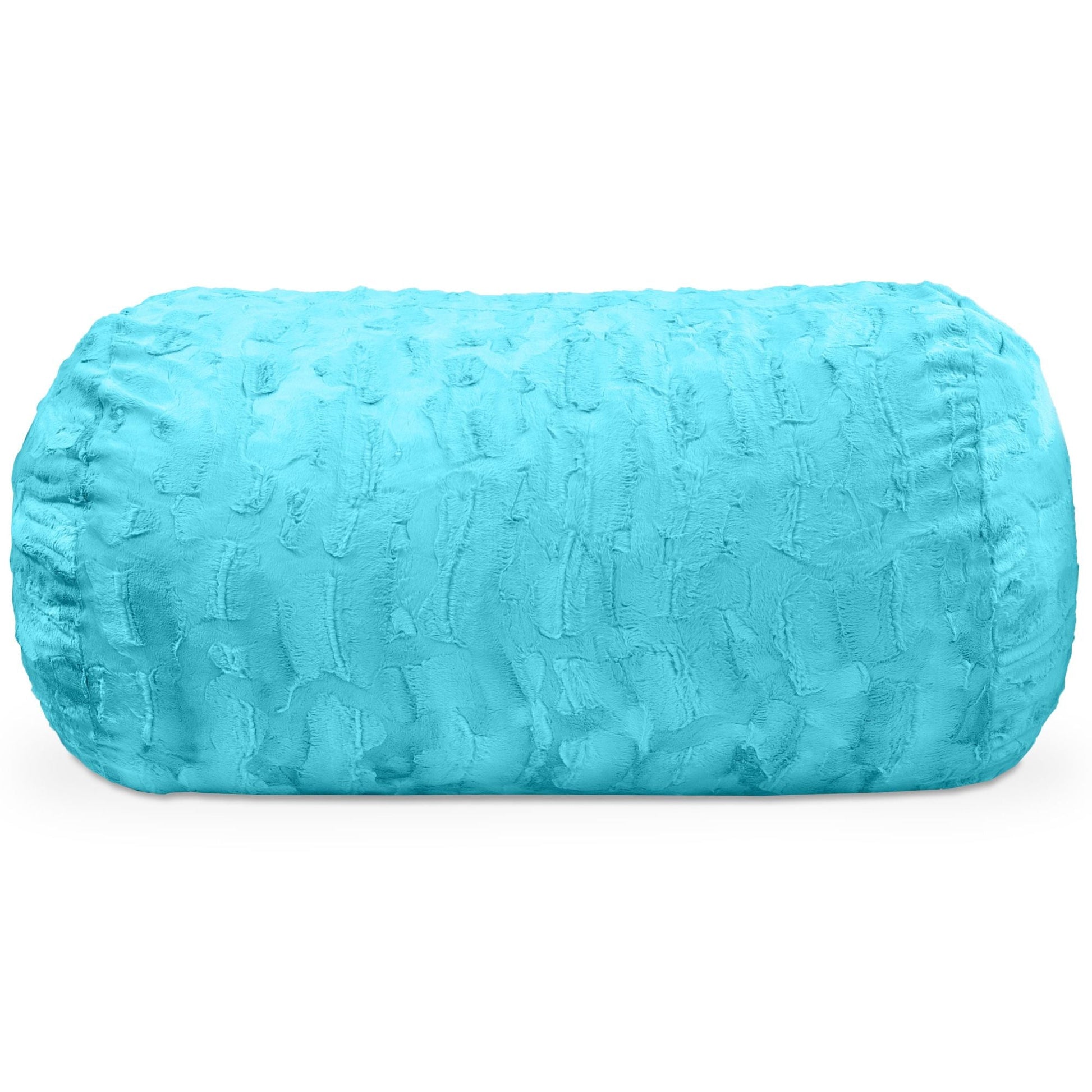 Faux fur 4-foot bean bag couch in Maui turquoise, rounded cylinder shape