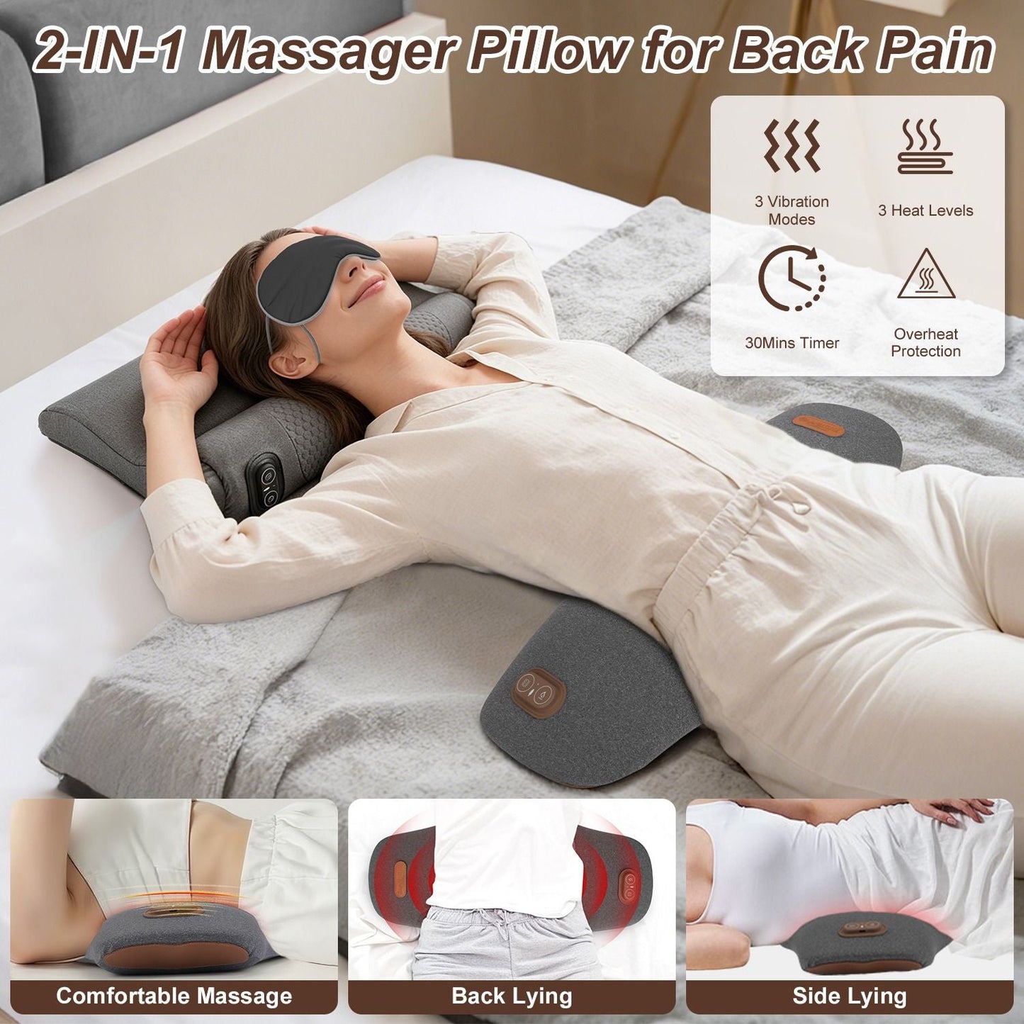 Dark grey 2-in-1 lumbar massager pillow with heat and vibration, on bed