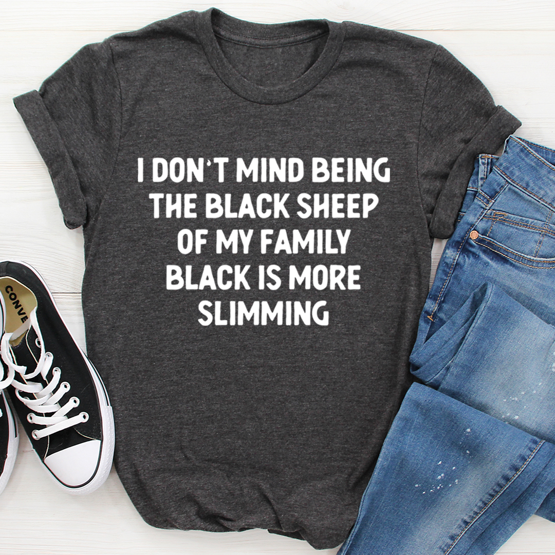 Dark charcoal crewneck T-shirt with white front slogan text and short sleeves