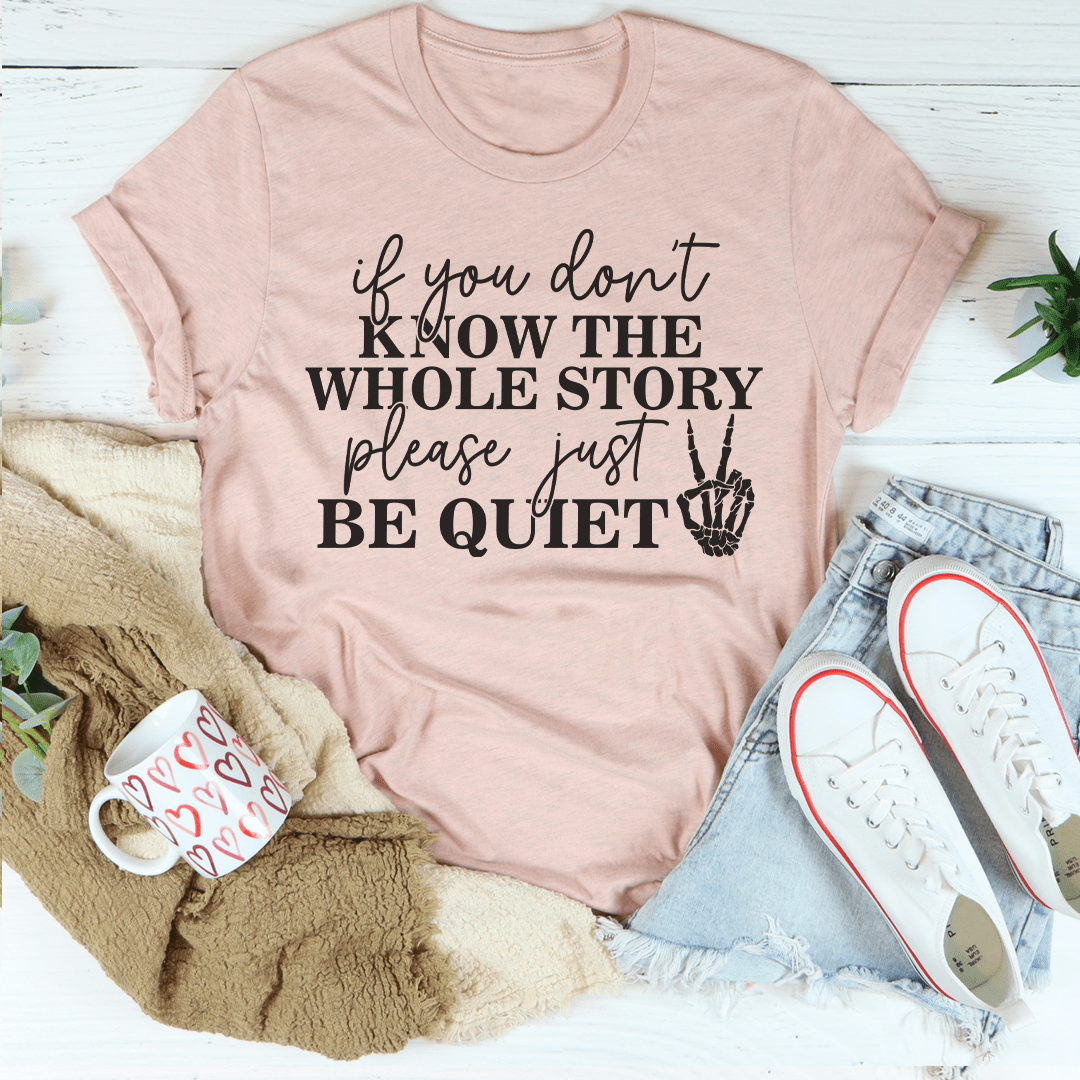Peach T-shirt with front typography graphic: “BE QUIET”