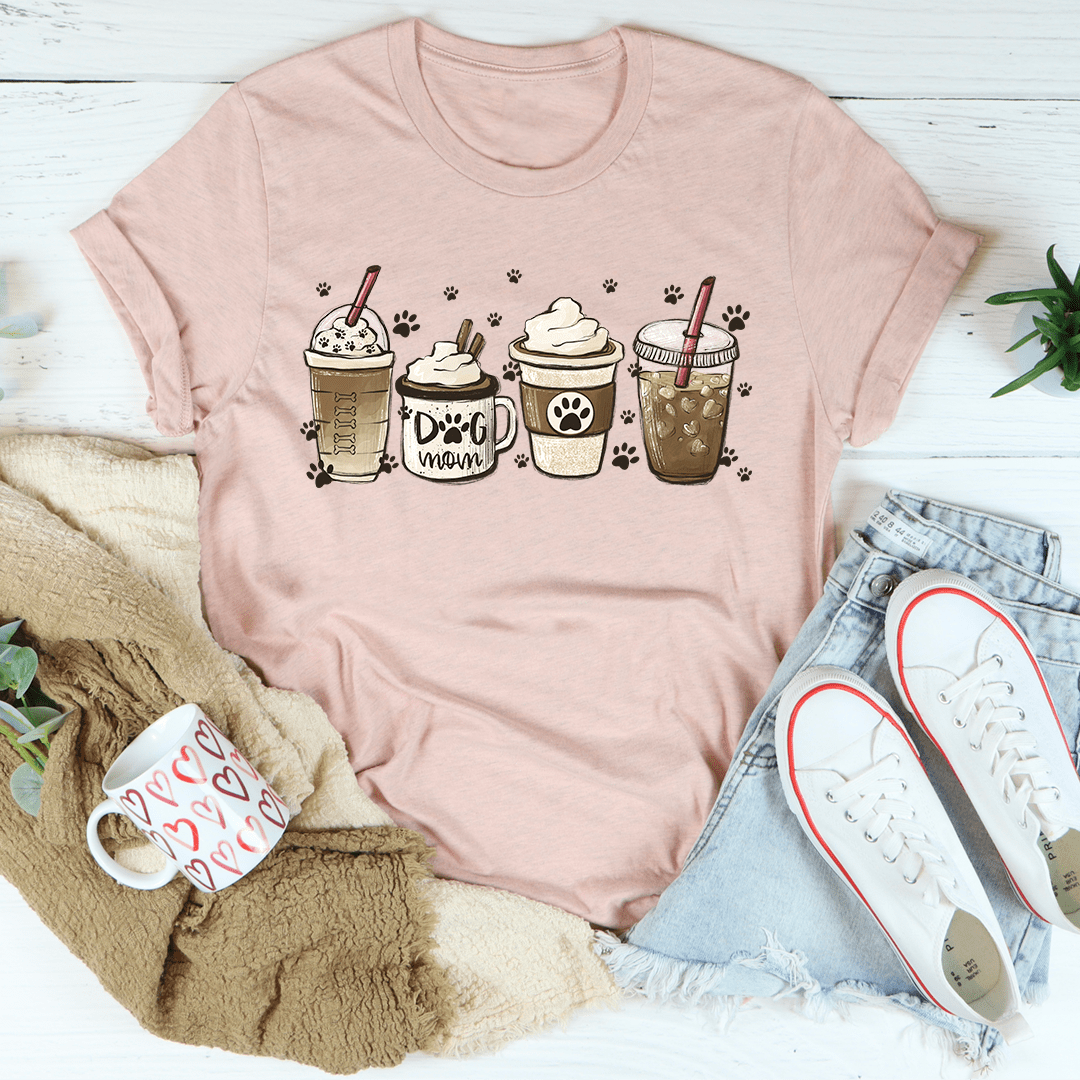 Dog mom fuel T-shirt, dusty pink, graphic cups and paw prints with 'Dog mom' text