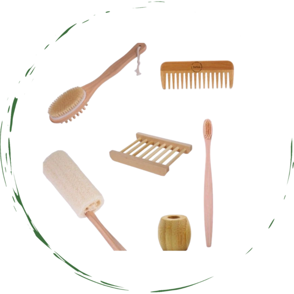 Zero-waste bathroom accessory bundle with wooden brush, comb, scrubber, and holder