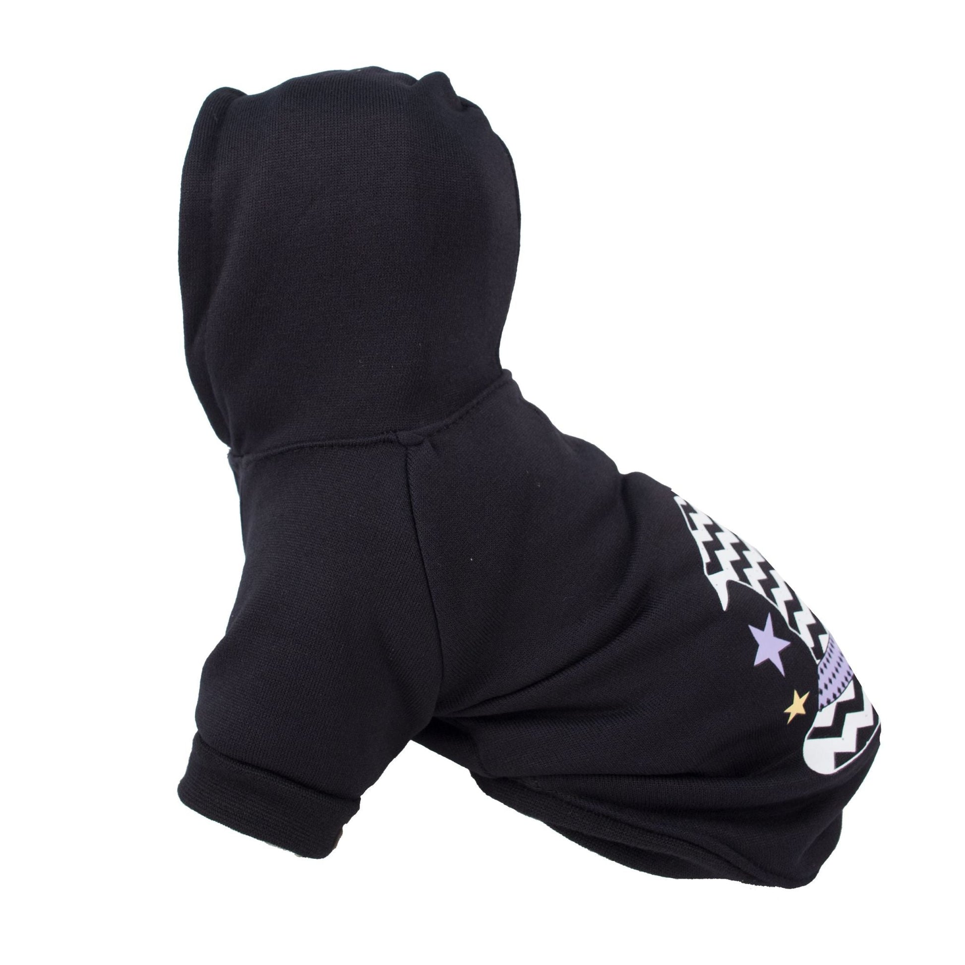 Dark hooded pet sweater costume with pointed hat and partial zigzag star patch